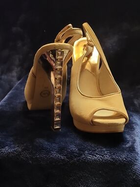 MICHAEL Michael Kors Gold Peep-Toe Slingback Heels with Jeweled Block Heel